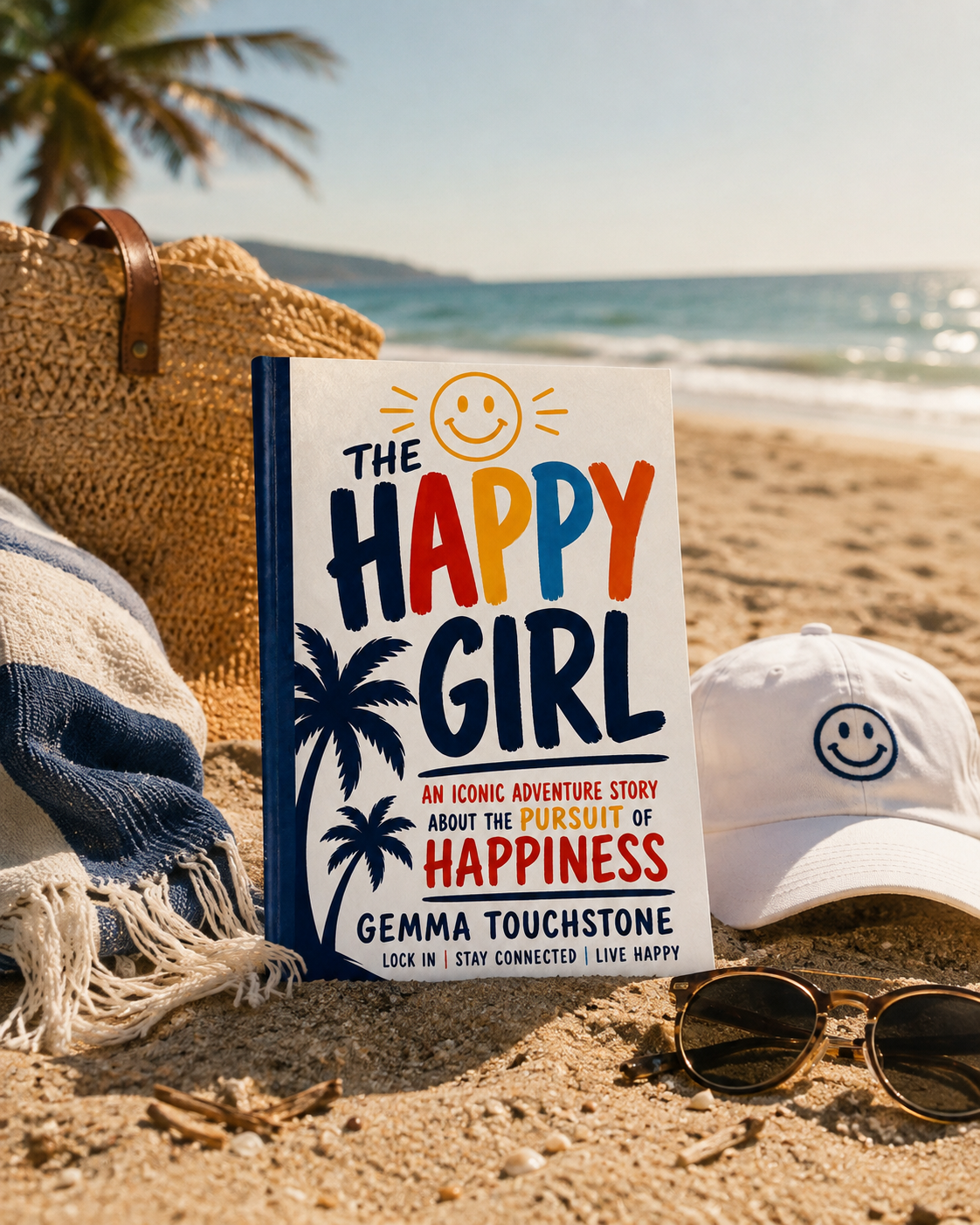 The Happy Girl book by Gemma Touchstone on a sunny beach
