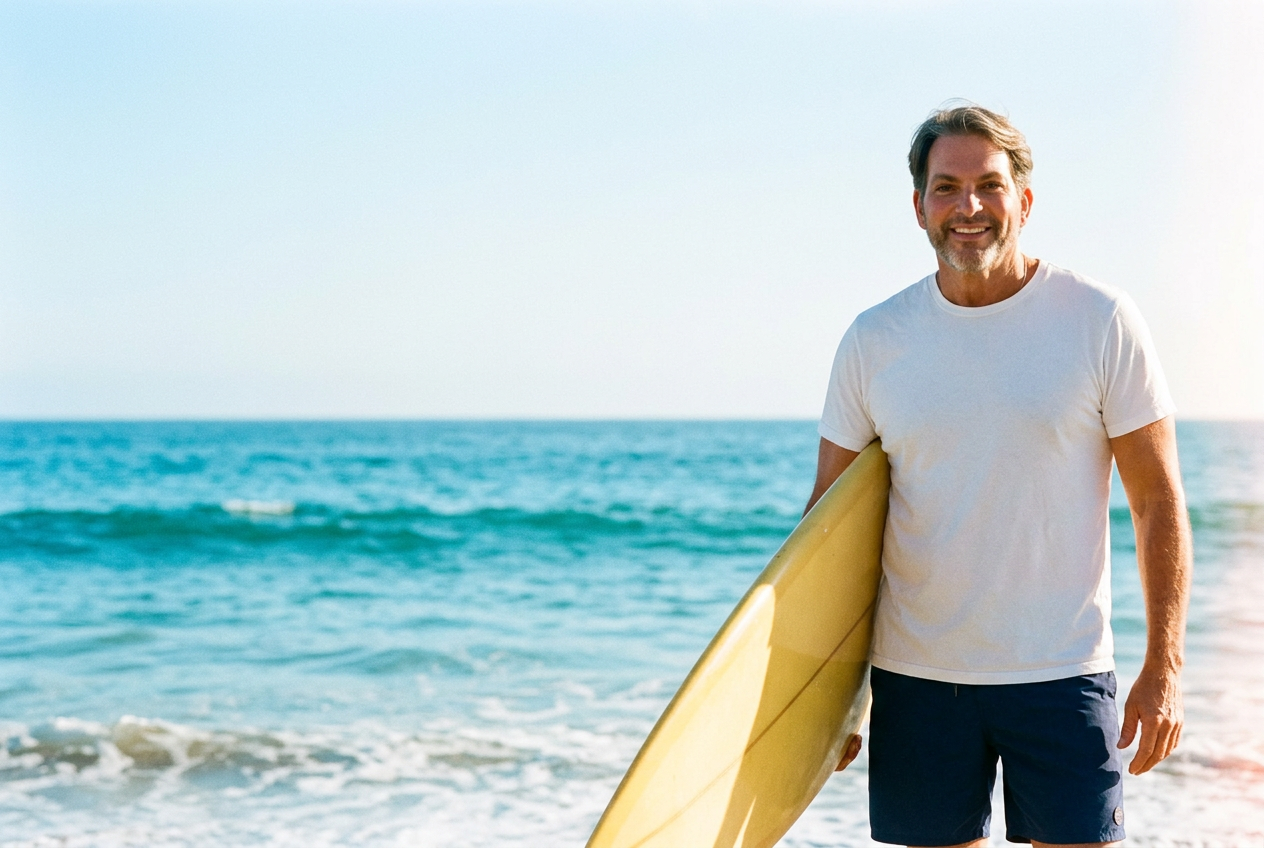 Surf-inspired portrait of Dr. Timothy Carpenter with a yellow surfboard on the beach